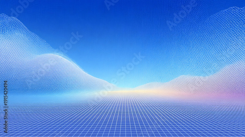 Digital landscape with blue gradient and white grid lines creating futuristic and minimal abstract background with soft light glow