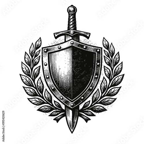 Vintage Engraved Medieval Heraldic Crest Emblem with Shield, Sword, and Laurel Wreath. A Powerful Symbol of Protection, Strength, and Victory in Classic Black and White Artwork, Perfect for Design Pro