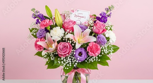 A beautiful bouquet of mixed flowers in a vase on a pink background with a decorative ribbon around the neck of the vase