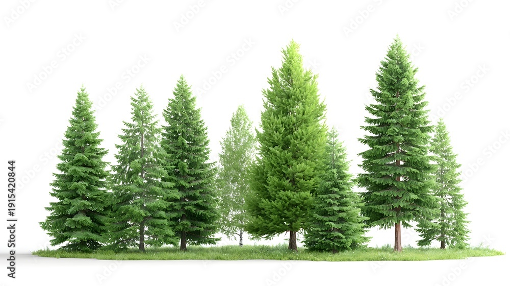 Obraz premium Several diverse evergreen coniferous trees showcasing vibrant green foliage and varied heights are presented on a patch of grass in a clean isolated composition
