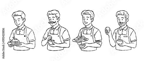 Modern cartoon male barista and cafe staff hand drawn vector line art set with cake serving and donut tray for restaurant hospitality and bakery branding