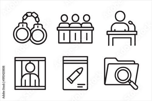 Line art icons depict legal concepts including crime court evidence and incarceration high quality