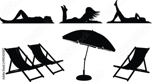 Beach relaxation silhouette set with women sunbathing, deck chairs and umbrella isolated on white background, summer vacation leisure illustration