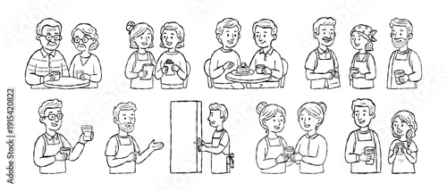 Diverse cafe community and customer service hand drawn vector line art set with senior couple friends sharing cake and barista greeting at the door