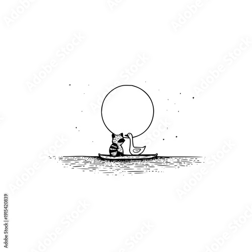 Polar Bear Riding Swan on Water under Big Moon