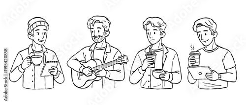 Modern male character cafe lifestyle hand drawn vector line art set with guitar player musician and tablet working for creative hobby and social design