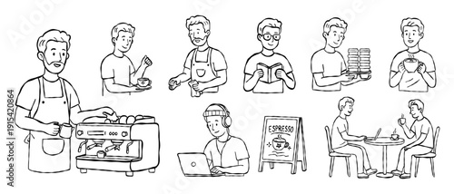 Modern male character cafe lifestyle and professional barista hand drawn vector line art set with laptop working espresso making and social interaction