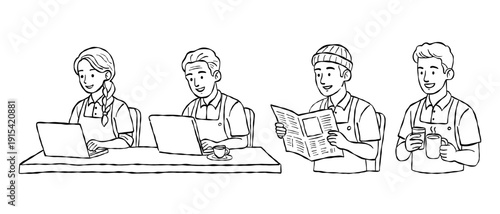 Modern cafe workspace lifestyle hand drawn vector line art set with people laptop working reading newspaper and barista for digital office and social design