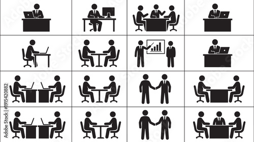 Business office meeting icons set, black silhouette professionals working presenting negotiating and handshake corporate activities