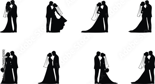 Bride and groom silhouette collection isolated on white background, romantic wedding couple set with elegant dress and veil illustration