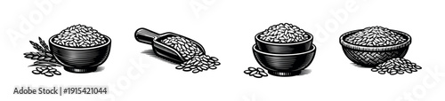 Flat vector icons set: rice bowls and grains. wheat, crops, and basket illustrations