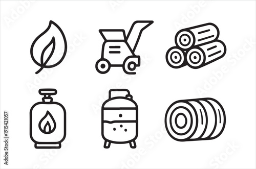 Line art icons depicting gardening tools wood and related outdoor elements high quality professional