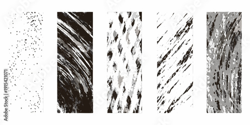 Abstract monochrome textured brushstroke patterns arranged in a vertical sequence displaying varying densities