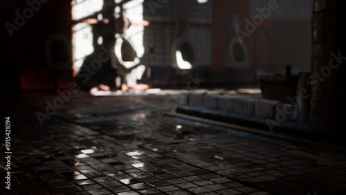 фотографія Sunlight streams through broken windows, casting intriguing patterns on the wet tiles of an old, deserted structure