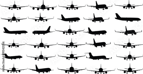 Commercial airplane silhouette collection isolated on white background, passenger jet front and side views set, aviation transport illustration for travel design