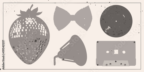 Stylized monochrome illustration featuring a strawberry bow tie cassette tape speaker and abstract geometric shapes