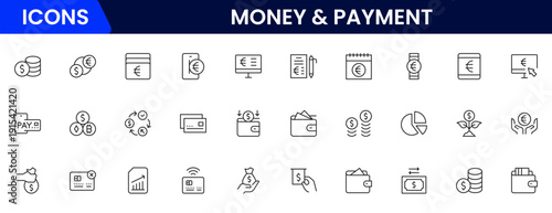 Money and payment are simple, minimal, thin line icons. Related money, credit card, atm, purchase, bill. Vector illustration.
