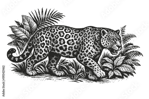 Magnificent black and white vintage engraving style illustration of a majestic leopard, or powerful jaguar, stealthily prowling through lush tropical jungle foliage, capturing raw beauty and untamed e
