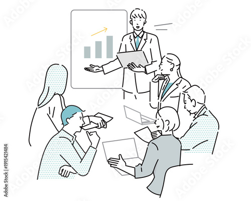 ミーティングするビジネスパーソンープレゼンする男性ービジネスチームのスタートアップイラスト素材