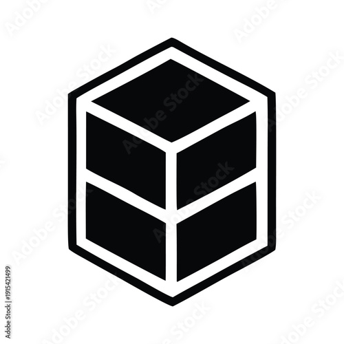 Abstract minimalist black and white 3D cube icon design. A versatile graphic element symbolizing structure, storage, or modern packaging, ideal for digital use