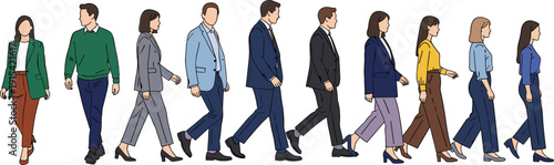 Flat vector illustration of nine diverse business professionals walking in smart attire, representing active careers and urban commuting