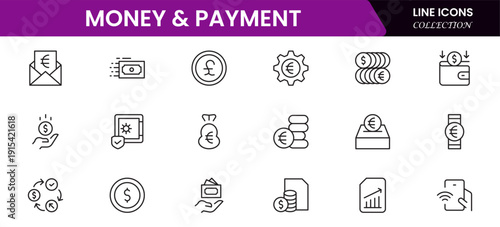 Money and payment are simple, minimal, thin line icons. Related money, credit card, atm, purchase, bill. Vector illustration.
