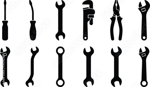 Hand tool silhouette set isolated on white background, black wrench, screwdriver and pliers collection, mechanical equipment icons for repair and construction