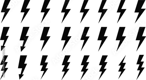 Lightning bolt silhouette collection isolated on white background, black thunder electric flash icons set for energy and power design