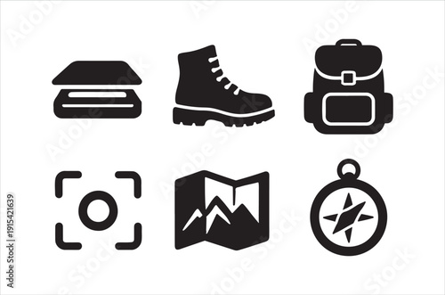 Black silhouette icons depict camping equipment including a backpack boots and map high quality