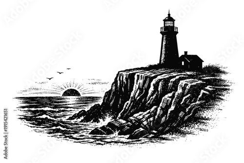Dramatic vintage woodcut illustration of a towering lighthouse perched atop a rugged, windswept cliff overlooking a turbulent ocean. A radiant sunset paints the horizon as seabirds soar, creating a ti