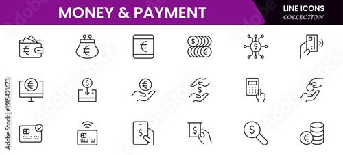 Money and payment are simple, minimal, thin line icons. Related money, credit card, atm, purchase, bill. Vector illustration.