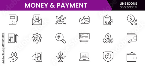 Money and payment are simple, minimal, thin line icons. Related money, credit card, atm, purchase, bill. Vector illustration.