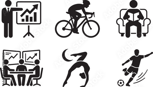 Business, sport and lifestyle silhouette icons set, cycling reading soccer isolated on white background illustration