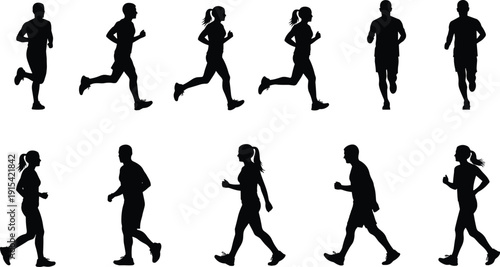 Running and walking people silhouette collection isolated on white background, men and women fitness activity set, healthy lifestyle concept illustration