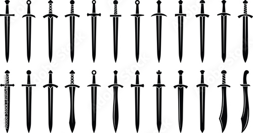 Medieval sword silhouette collection isolated on white background, black dagger and blade set, historical weapon icons for fantasy and battle design