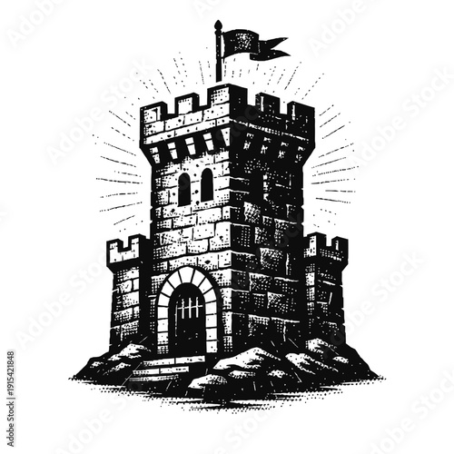 Majestic Medieval Castle Tower Illustration in Classic Engraving Style, Featuring a Grand Stone Keep with Battlements, Arched Windows, a Secured Portcullis Entrance, and a Waving Flag atop, Radiating