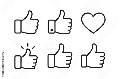A collection of simple black outline icons featuring thumbs up gestures and a heart