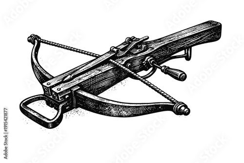 Detailed Vintage Crossbow Engraving: A Classic Black and White Illustration of an Antique Archery Weapon, Featuring Intricate Wooden Stock, Powerful Bow, String Mechanism, and Historical Design Elemen