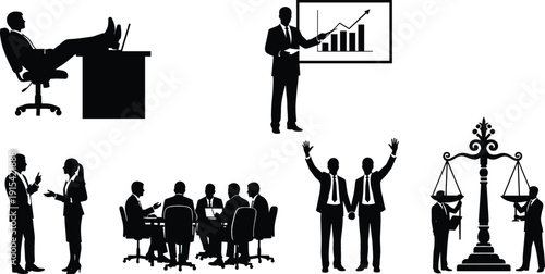 Set of six black silhouettes depicting corporate presentations, legal justice scales, boardroom meetings, professional discussions, and executive relaxation
