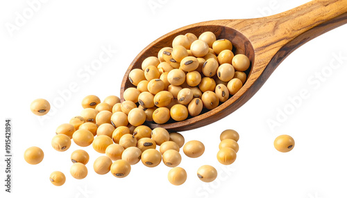 Close-up of soybeans spilling from a wooden spoon against a transparent black backdrop