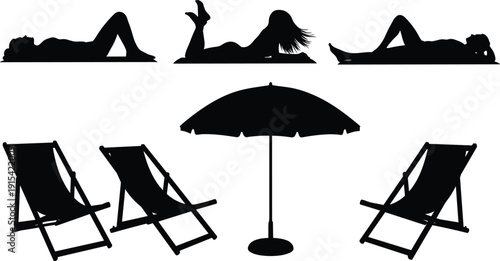 Summer beach relaxation silhouette collection with women sunbathing, deck chairs and umbrella isolated on white background, vacation leisure concept