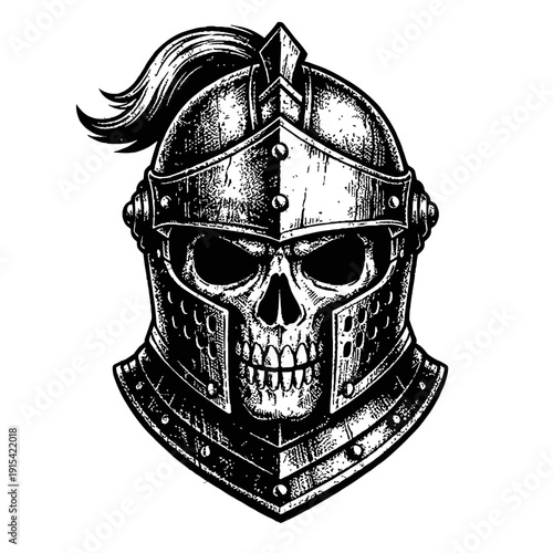 Gritty black and white engraving of a fearsome skull wearing a medieval knight's helmet with a distinct plume. This vintage hand-drawn illustration captures dark fantasy, gothic themes, and warrior sp