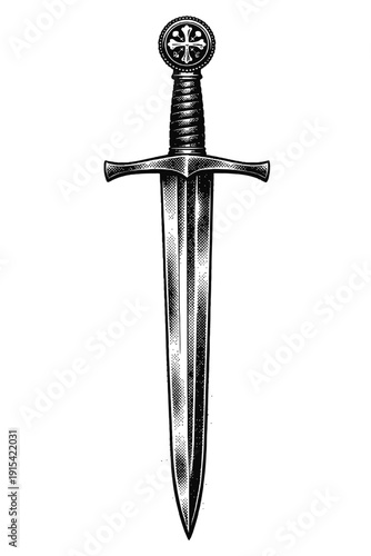 Medieval sword illustration with ornate cross pommel, textured grip, and double-edged blade, presented in a vintage engraving style. A powerful graphic resource for historical themes, fantasy, tattoo