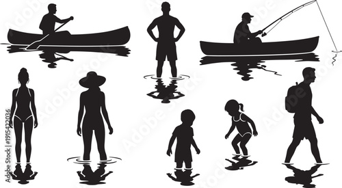 Canoeing and lakeside people silhouette set, fishing wading family adventure isolated on white background illustration