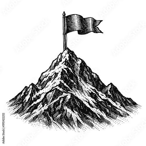 Vintage woodcut illustration: Majestic snow-capped mountain peak, surmounted by a waving flag, powerfully symbolizing ultimate achievement, triumph, conquering challenges, reaching aspirational goals,