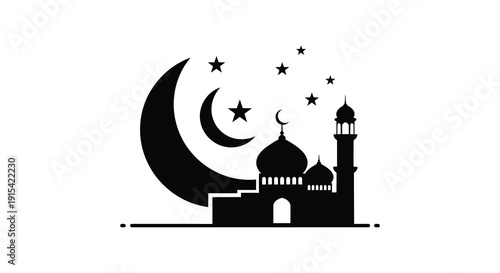 A serene nighttime scene depicting an islamic mosque and crescent moon with stars a striking silhouette high quality