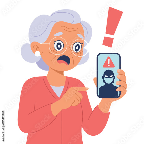 Shocked Senior Woman Receiving Scam Phone Call from Hacker on Smartphone Illustration