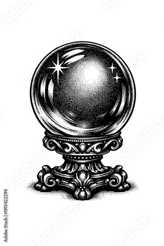 Magnificent Engraved Crystal Ball on Ornate Stand: A Mystical Symbol of Fortune Telling, Divination, and Future Predictions Rendered in Detailed Vintage Woodcut Art Style, Perfect for Esoteric and Spi