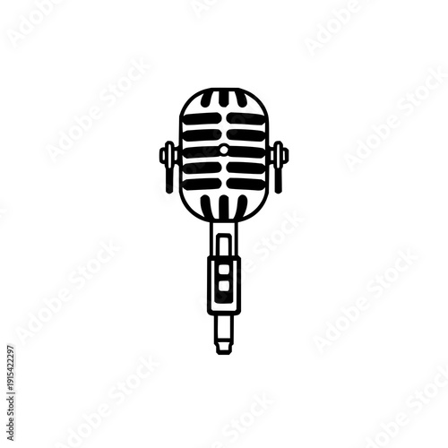 Flat vector icon of a vintage broadcasting microphone, bold outline radio symbol, isolated on white background, perfect for tech UI app design