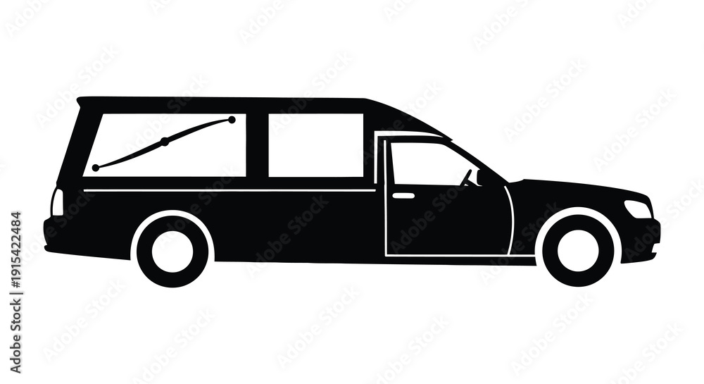 Fototapeta premium A stark black silhouette of a hearse vehicle is presented against a plain white background a somber silhouette